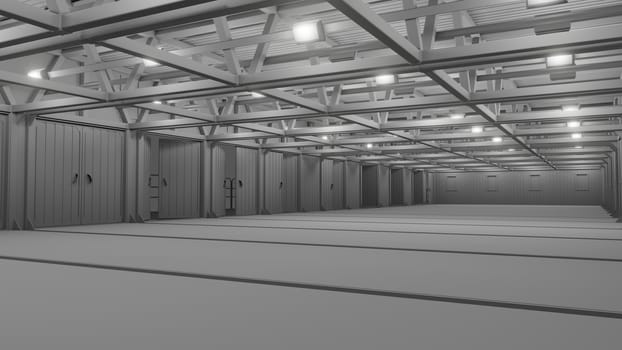 Empty commercial warehouse with bright lamps. 3d illustration