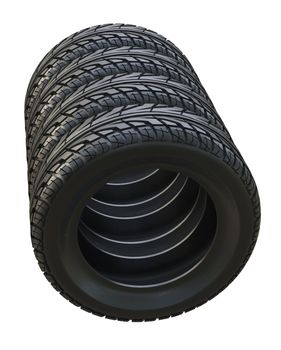 Group black tires, isolated on white background. 3d illustration