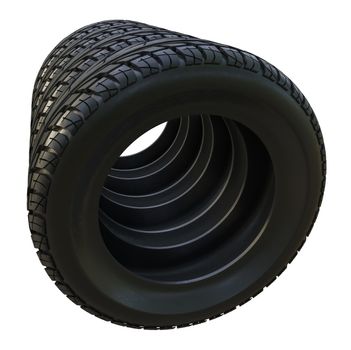 Group black tires, isolated on white background. 3d illustration