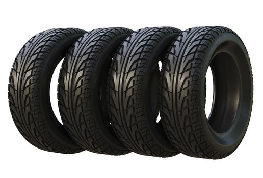 Group black tires, isolated on white background. 3d illustration