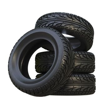 Group black tires, isolated on white background. 3d illustration