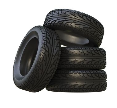 Group black tires, isolated on white background. 3d illustration