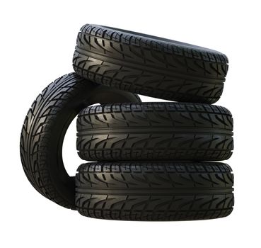 Group black tires, isolated on white background. 3d illustration