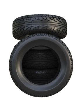 Group black tires, isolated on white background. 3d illustration