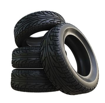 Group black tires, isolated on white background. 3d illustration