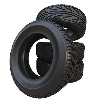 Group black tires, isolated on white background. 3d illustration