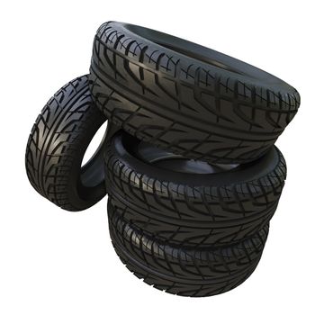 Group black tires, isolated on white background. 3d illustration