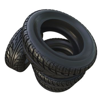 Group black tires, isolated on white background. 3d illustration