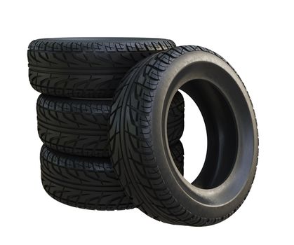 Group black tires, isolated on white background. 3d illustration