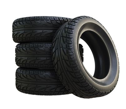 Group black tires, isolated on white background. 3d illustration