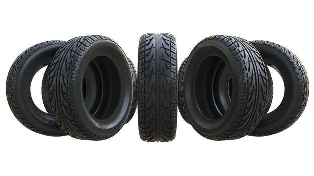 Group black tires, isolated on white background. 3d illustration