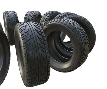 Group black tires, isolated on white background. 3d illustration