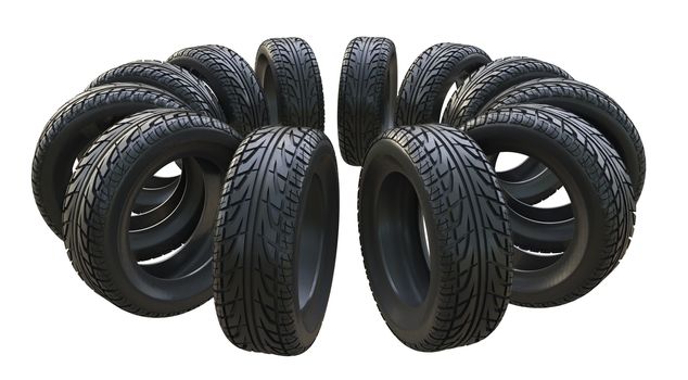 Group black tires, isolated on white background. 3d illustration