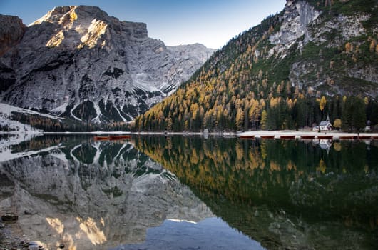 lago di Braies in Dolomites mountains, Sudtirol, Italy