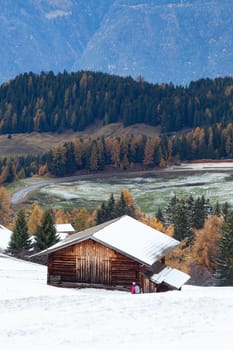 snowy early winter landscape in Alpe di Siusi.  Dolomites,  Italy - winter holidays destination 