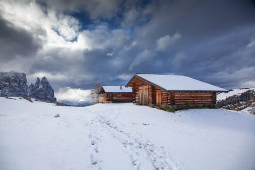 snowy early winter landscape in Alpe di Siusi.  Dolomites,  Italy - winter holidays destination 