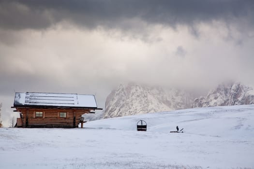 snowy early winter landscape in Alpe di Siusi.  Dolomites,  Italy - winter holidays destination 