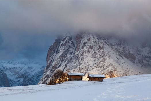 snowy early winter landscape in Alpe di Siusi.  Dolomites,  Italy - winter holidays destination 