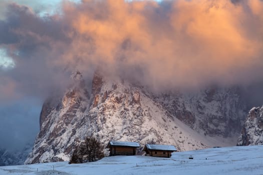 snowy early winter landscape in Alpe di Siusi.  Dolomites,  Italy - winter holidays destination 