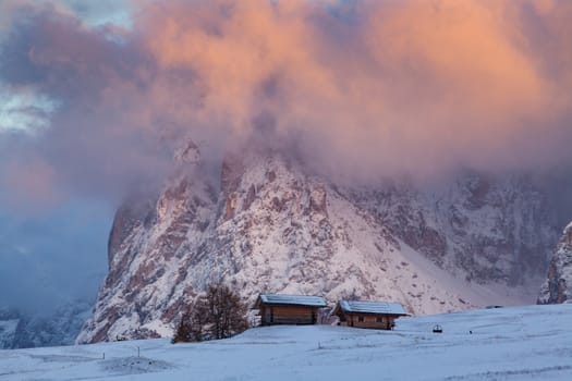 snowy early winter landscape in Alpe di Siusi.  Dolomites,  Italy - winter holidays destination 