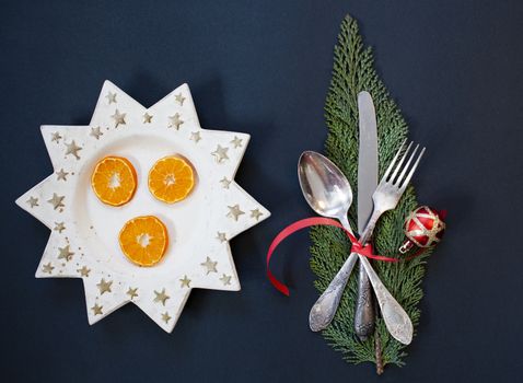 flat lay of festive Christas table arrangement with silverware