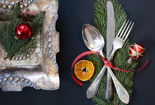 flat lay of festive Christas table arrangement with silverware