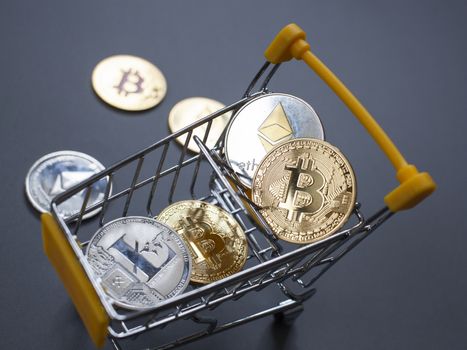 cryptocurrencies and shopping cart -  bitcoin, litecoin, ethereum