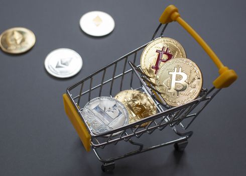 cryptocurrencies and shopping cart -  bitcoin, litecoin, ethereum