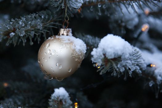 christmas decorations on snowy fir tree