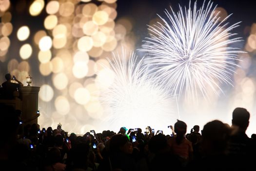 crowd watching fireworks - New Year celebrations- abstract holiday background