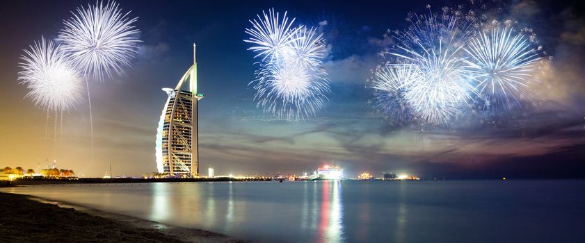 fireworks around Burj Al Arab - exotic New Year destination, Dubai, UAE