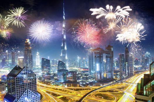 fireworks around Burj Khalifa - exotic New Year destination, Dubai, UAE