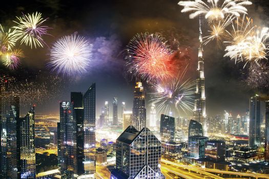 fireworks around Burj Khalifa - exotic New Year destination, Dubai, UAE