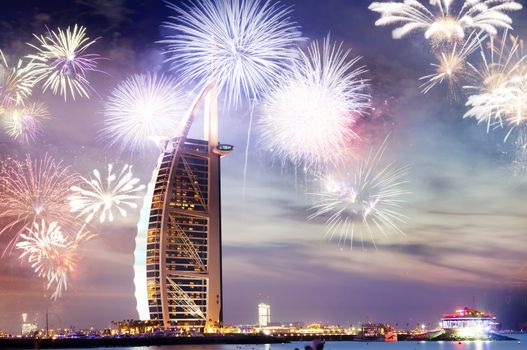 fireworks around Burj Al Arab - exotic New Year destination, Dubai, UAE