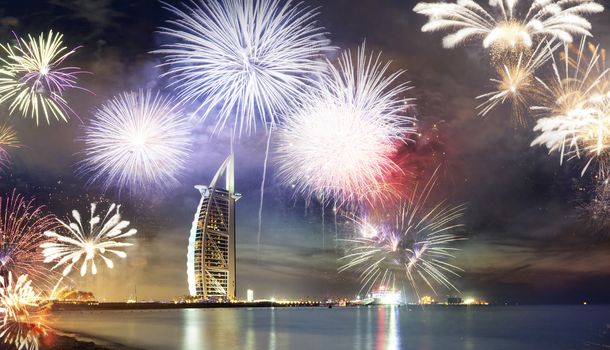 fireworks around Burj Al Arab - exotic New Year destination, Dubai, UAE