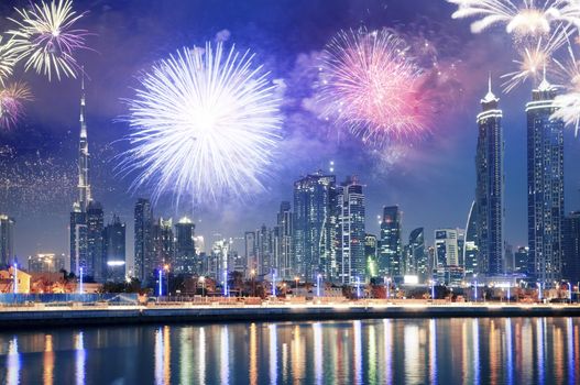 fireworks around Burj Khalifa - exotic New Year destination, Dubai, UAE