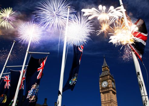  fireworks over Big Ben - new year celebrations in London, UK