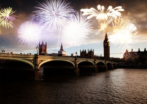  fireworks over Big Ben - new year celebrations in London, UK