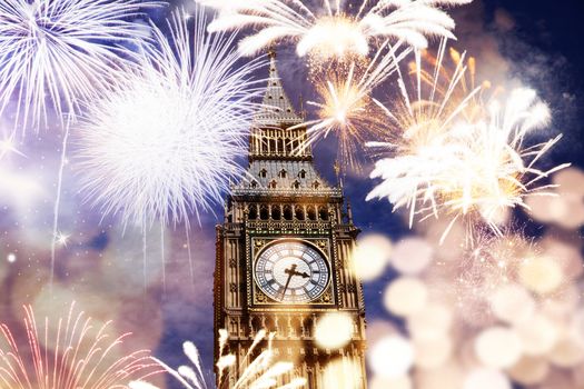  fireworks over Big Ben - new year celebrations in London, UK