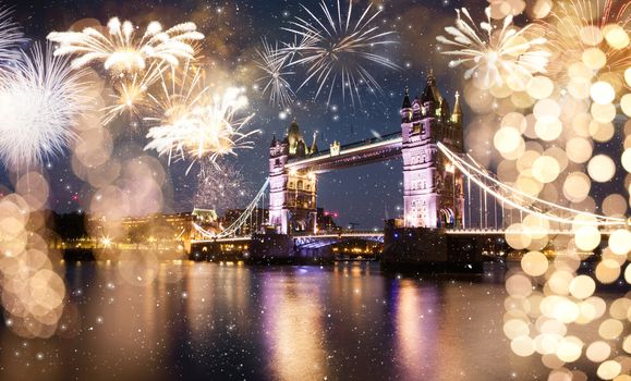 tower bridge with fireworks  celebration of the New Year in London  UK