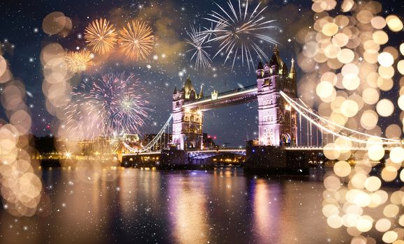 tower bridge with fireworks  celebration of the New Year in London  UK