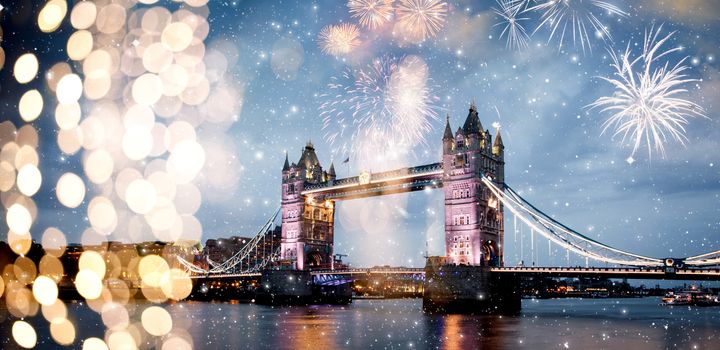 tower bridge with fireworks  celebration of the New Year in London  UK