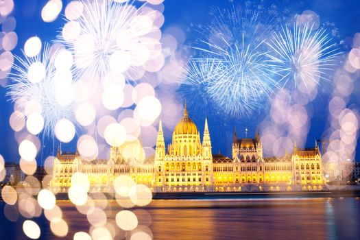 fireworks around Hungarian parliament-  New Year destination, Budapest