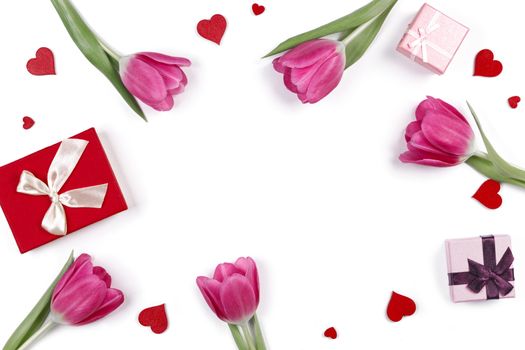 Pink tulips gifts and hearts border frame with copy space isolated on white background Valentines day concept