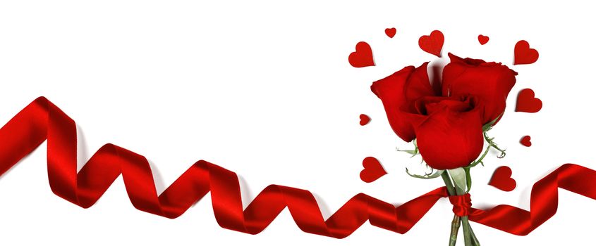 Red roses with red ribbon and hearts isolated on white background Valentines day concept