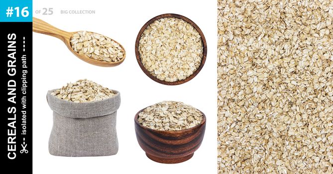 Oat flakes in different dishware isolated on white background, oatmeal in bowl, spoon and bag, collection
