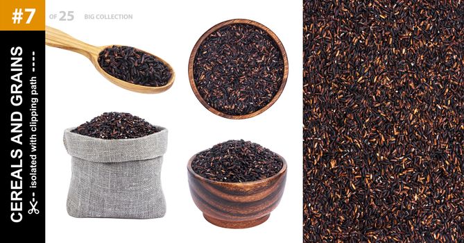 Black rice in different dishware isolated on white background, collection, black rice in bowl, spoon and bag, collection