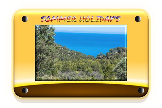Summer timeIllustration with picture of a mediterranean landscape in the middle. Shield design with gradient background and copy space