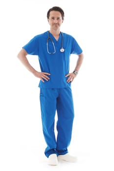 Full length portrait of young doctor in blue uniform isolated on white background 