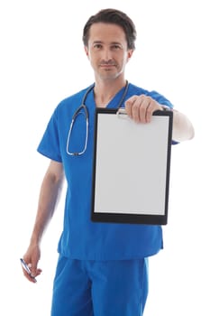 Portrait of young doctor in blue uniform isolated on white background 